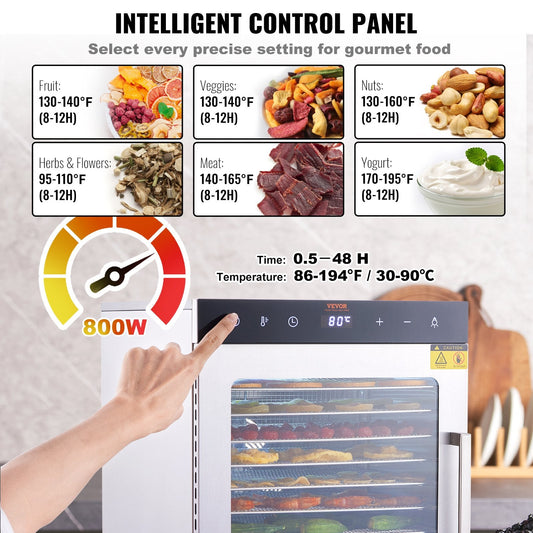 10-Tray Stainless Steel Food Dehydrator, 800W, with Adjustable Temp & Timer
