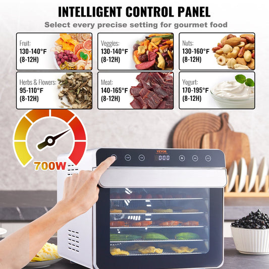 Stainless Steel Food Dehydrator, 6 Trays, 700W, for Jerky & Fruit Drying