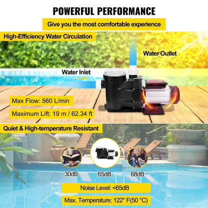High-Performance 2.5HP Pool Filter Pump for Inground Pools, 1850W, 560 L/min
