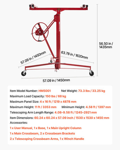 3353mm Drywall Lift, Heavy-Duty 68 kg Sheetrock Hoist with Adjustable Telescoping Arm, Lockable Wheels, Drywall Lifter Panel Jack Hoist Tools Ideal for Ceiling & Wall Installation (Red)