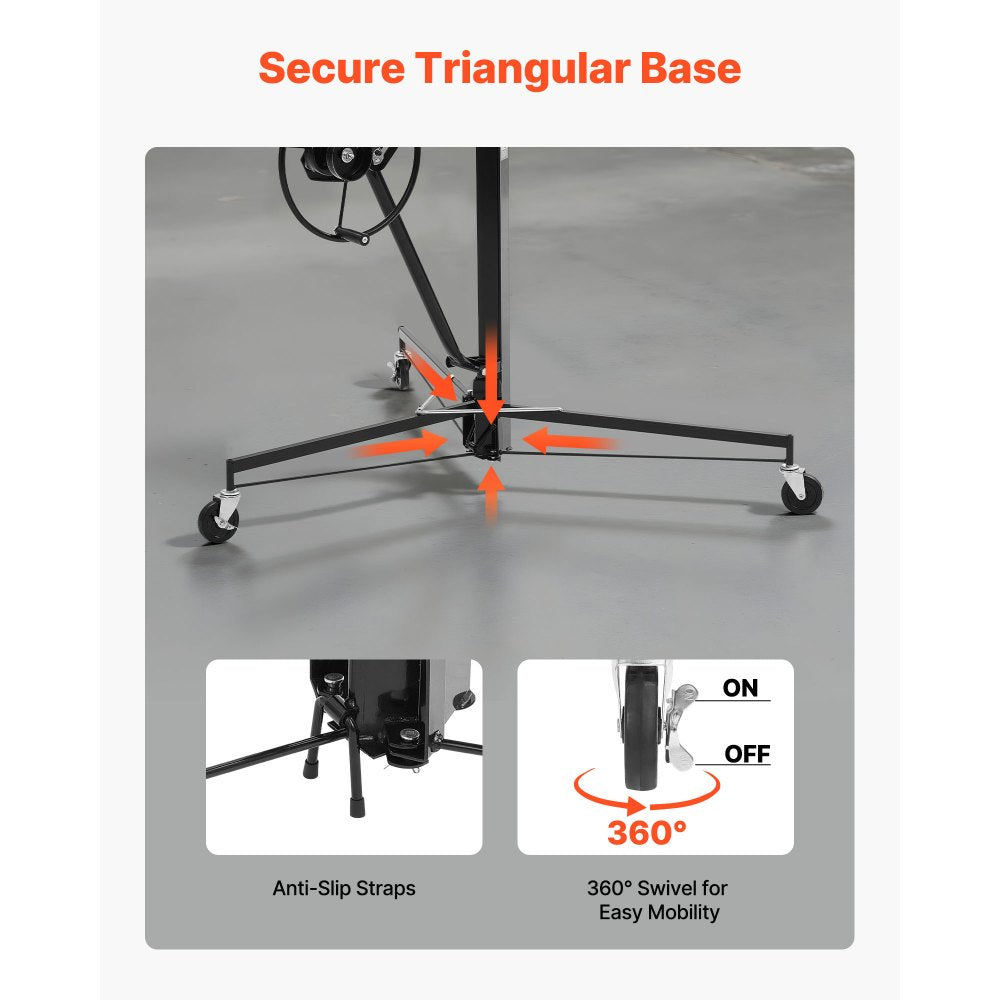 3353mm Drywall Lift 68 kg Sheetrock Hoist Adjust Arm with Wheels Black