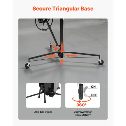 3353mm Drywall Lift 68 kg Sheetrock Hoist Adjust Arm with Wheels Black