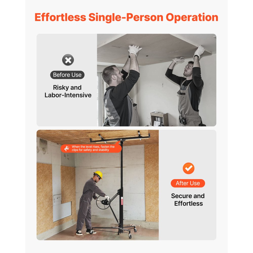 3353mm Drywall Lift 68 kg Sheetrock Hoist Adjust Arm with Wheels Black