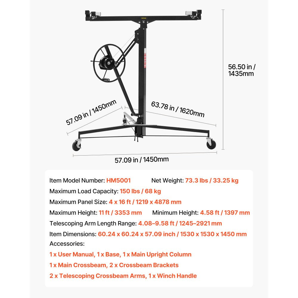3353mm Drywall Lift 68 kg Sheetrock Hoist Adjust Arm with Wheels Black