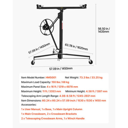 3353mm Drywall Lift 68 kg Sheetrock Hoist Adjust Arm with Wheels Black
