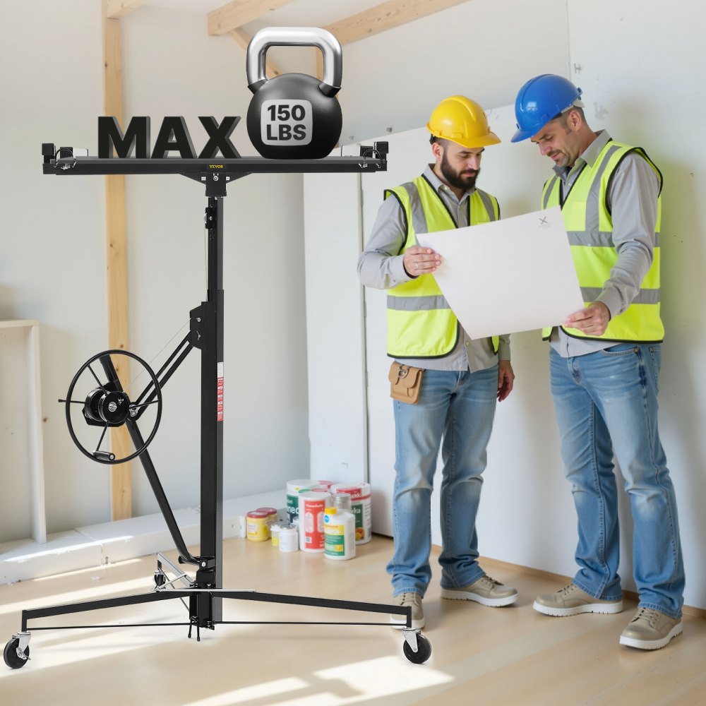 3353mm Drywall Lift 68 kg Sheetrock Hoist Adjust Arm with Wheels Black