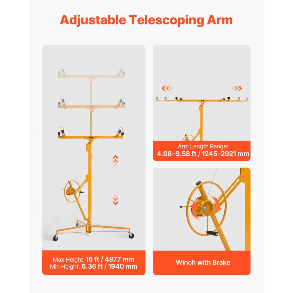 4877mm Drywall Lift 68 kg Sheetrock Hoist Adjust Arm with Wheels Yellow