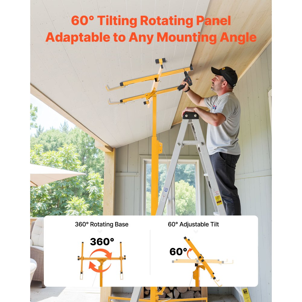 4877mm Drywall Lift 68 kg Sheetrock Hoist Adjust Arm with Wheels Yellow