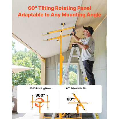 4877mm Drywall Lift 68 kg Sheetrock Hoist Adjust Arm with Wheels Yellow