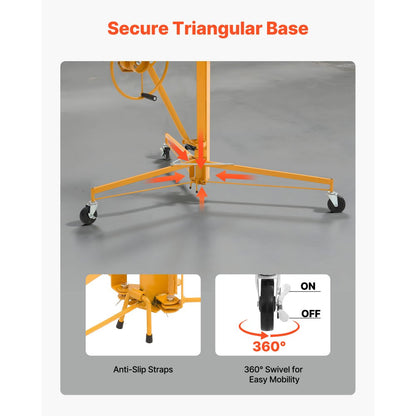 4877mm Drywall Lift 68 kg Sheetrock Hoist Adjust Arm with Wheels Yellow