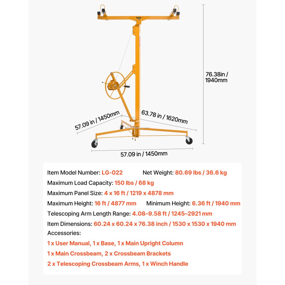 4877mm Drywall Lift 68 kg Sheetrock Hoist Adjust Arm with Wheels Yellow