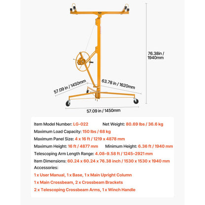 4877mm Drywall Lift 68 kg Sheetrock Hoist Adjust Arm with Wheels Yellow