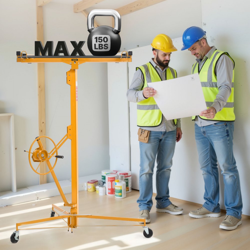 4877mm Drywall Lift 68 kg Sheetrock Hoist Adjust Arm with Wheels Yellow