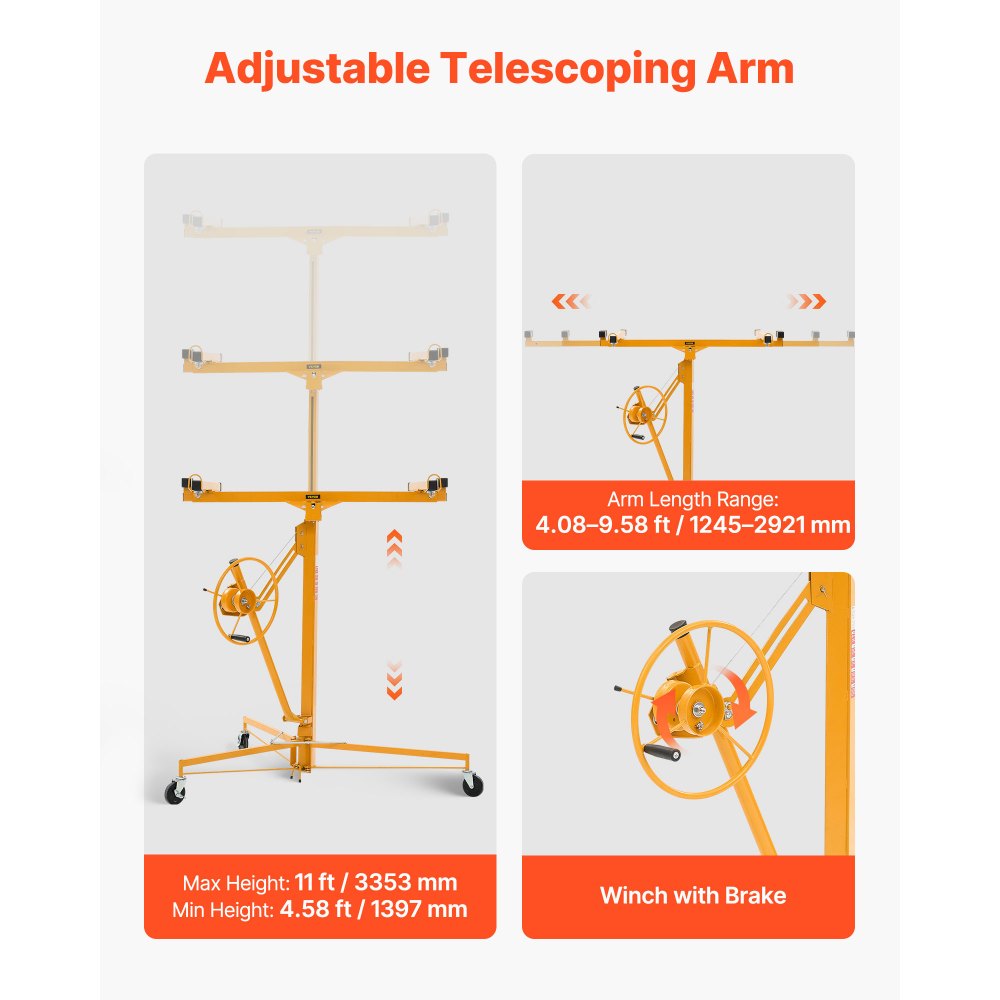 3353mm Drywall Lift 68 kg Sheetrock Hoist Adjust Arm with Wheels Yellow