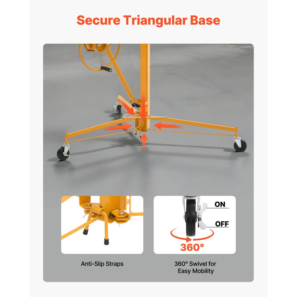 3353mm Drywall Lift 68 kg Sheetrock Hoist Adjust Arm with Wheels Yellow