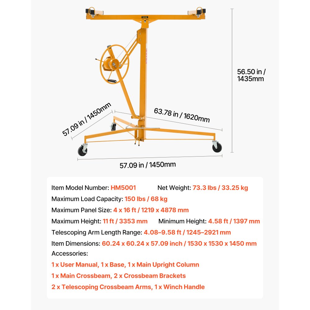 3353mm Drywall Lift 68 kg Sheetrock Hoist Adjust Arm with Wheels Yellow