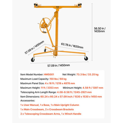 3353mm Drywall Lift 68 kg Sheetrock Hoist Adjust Arm with Wheels Yellow