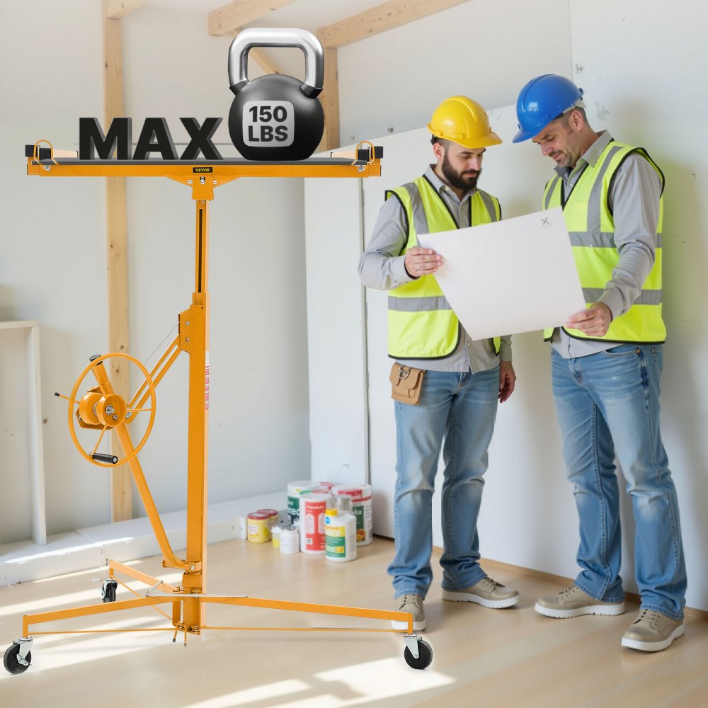 3353mm Drywall Lift 68 kg Sheetrock Hoist Adjust Arm with Wheels Yellow