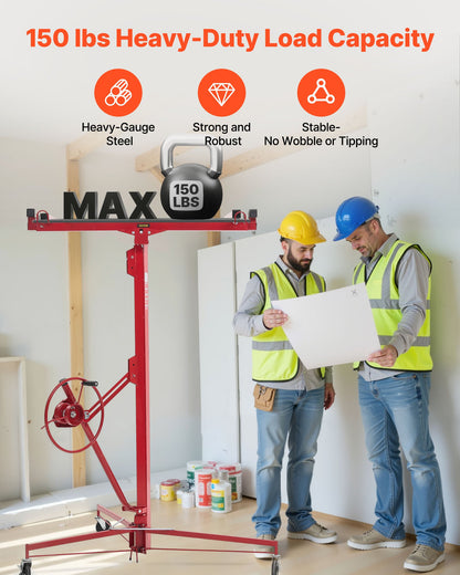 4877 mm Drywall Lift, Heavy-Duty 68 kg Sheetrock Hoist with Adjustable Telescoping Arm, Lockable Wheels, Drywall Lifter Panel Jack Hoist Tools Ideal for Ceiling & Wall Installation (Red)