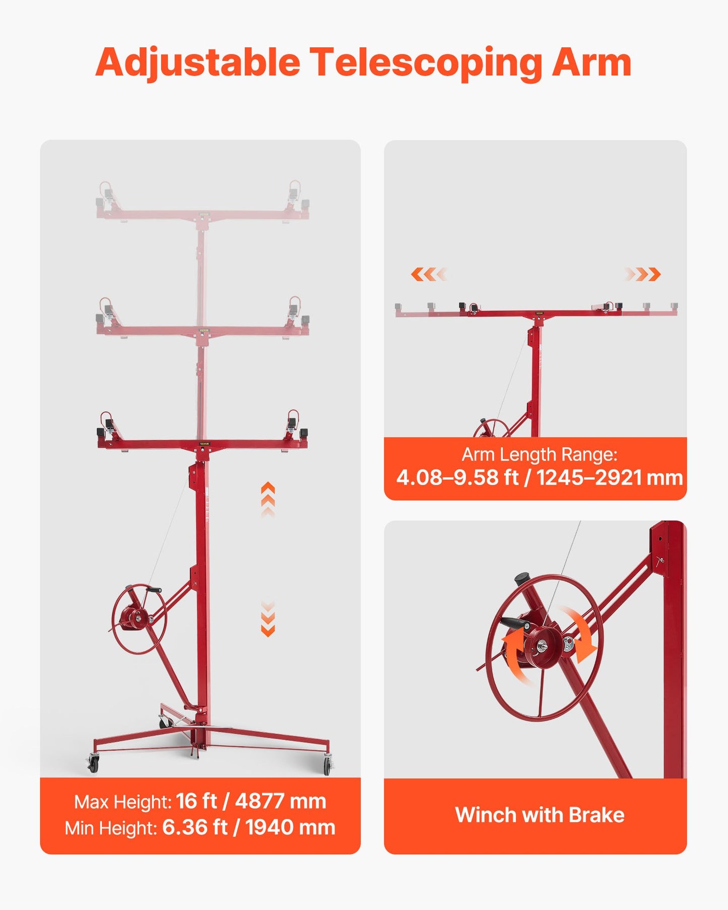 4877 mm Drywall Lift, Heavy-Duty 68 kg Sheetrock Hoist with Adjustable Telescoping Arm, Lockable Wheels, Drywall Lifter Panel Jack Hoist Tools Ideal for Ceiling & Wall Installation (Red)