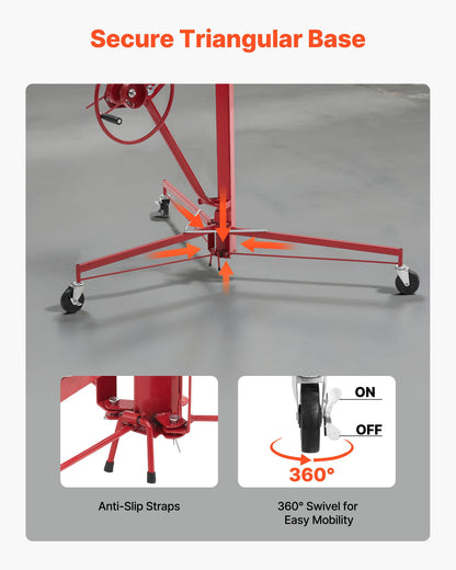 4877 mm Drywall Lift, Heavy-Duty 68 kg Sheetrock Hoist with Adjustable Telescoping Arm, Lockable Wheels, Drywall Lifter Panel Jack Hoist Tools Ideal for Ceiling & Wall Installation (Red)