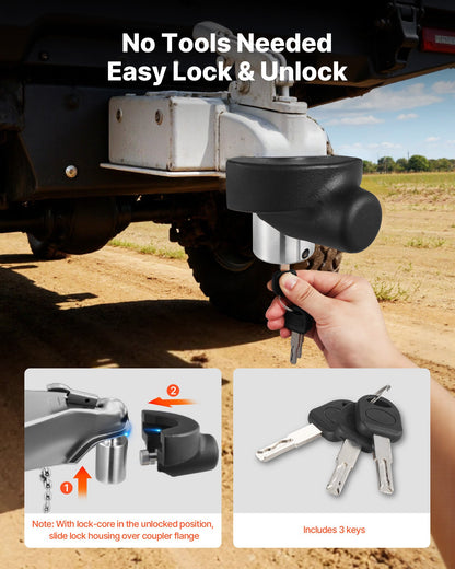 Trailer Hitch Lock, Compatible with 58.7 mm Couplers, Heavy-Duty Anti-Theft Trailer Ball Lock with 3 Keys, Prying-Resistant & Impact-Resistant, Fits for RVs, Boats, Off-Road Vehicles, Trailers