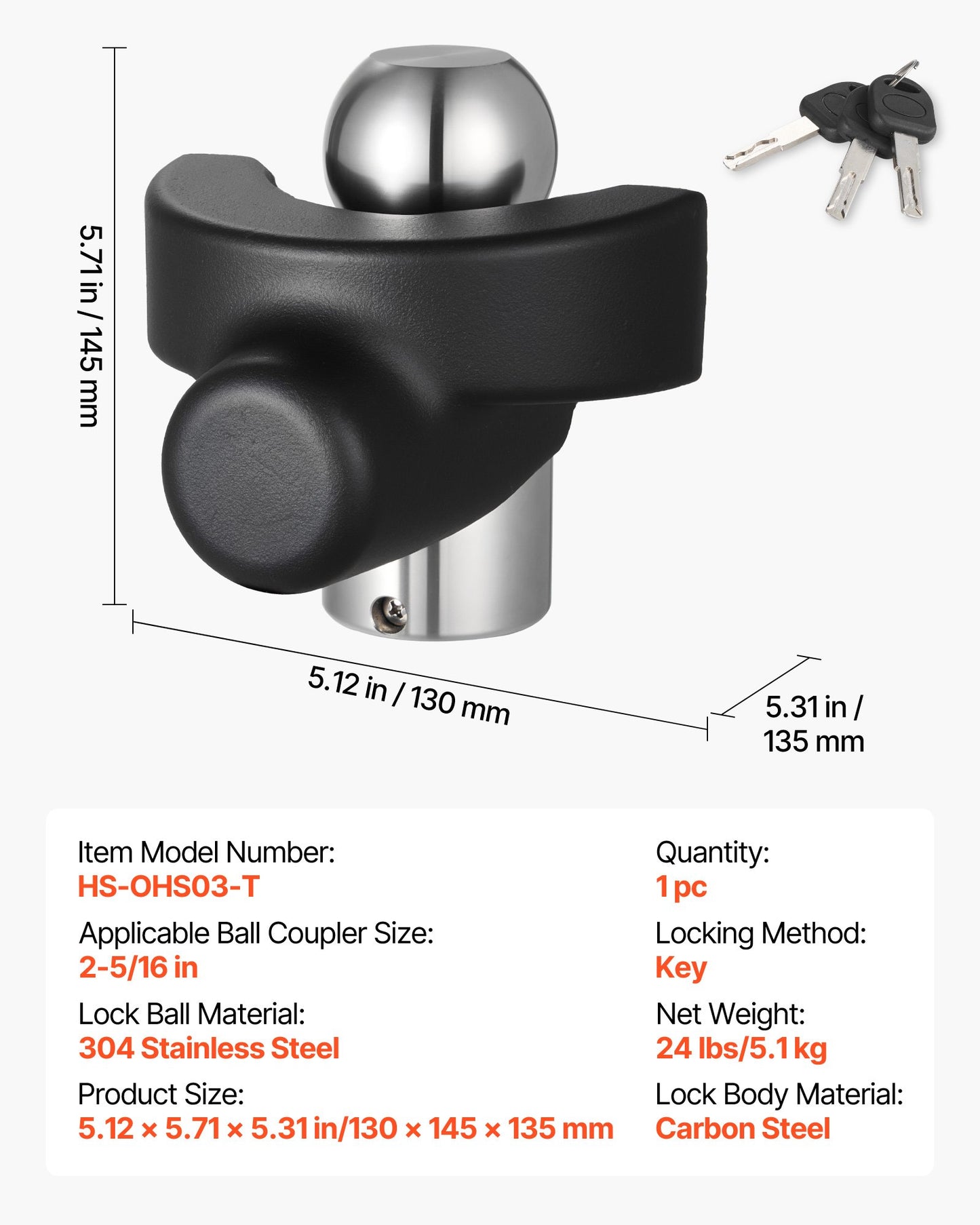 Trailer Hitch Lock, Compatible with 58.7 mm Couplers, Heavy-Duty Anti-Theft Trailer Ball Lock with 3 Keys, Prying-Resistant & Impact-Resistant, Fits for RVs, Boats, Off-Road Vehicles, Trailers