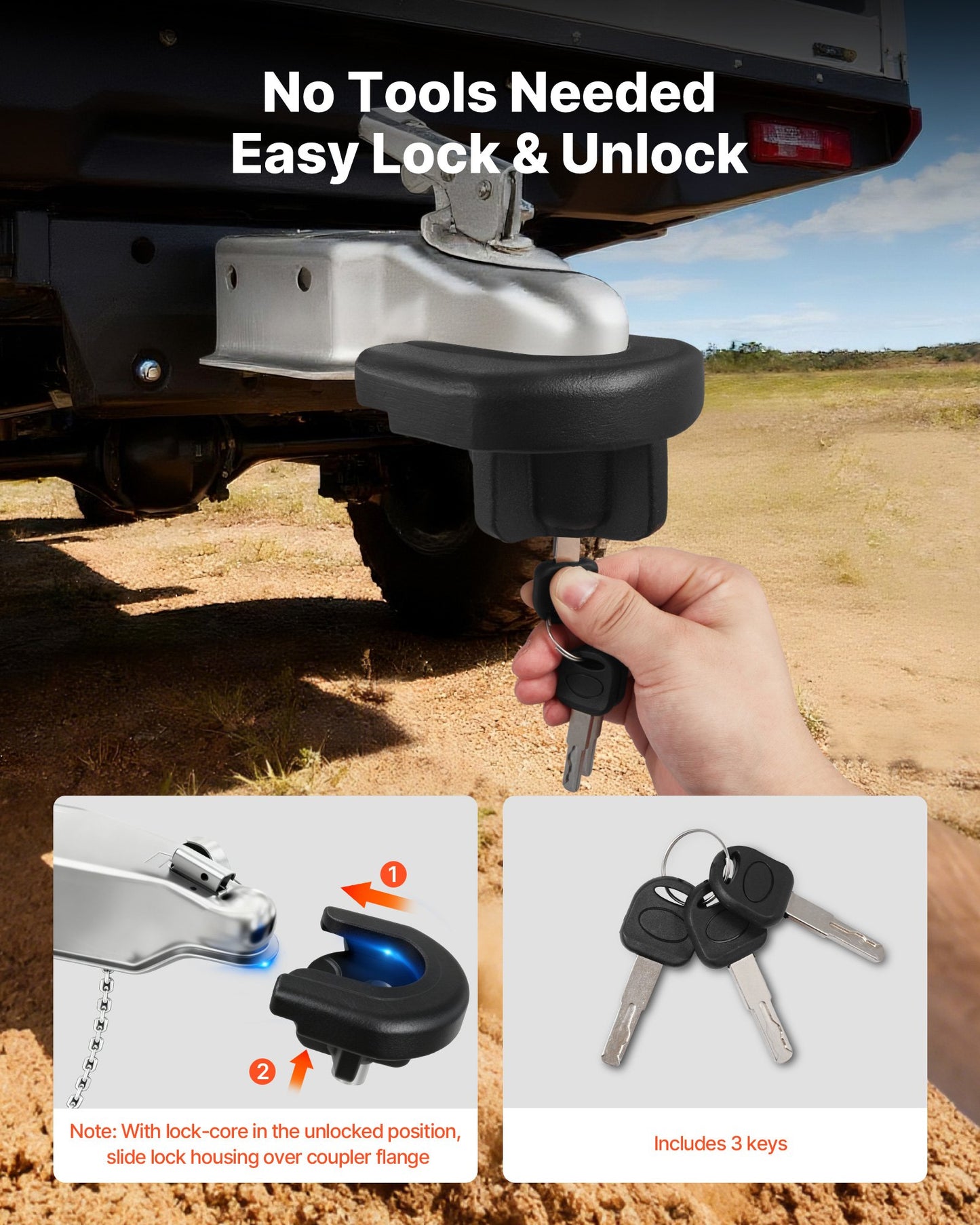 Trailer Hitch Lock, Compatible with 50.8 mm Couplers, Heavy-Duty Anti-Theft Trailer Ball Lock with 3 Keys, Prying-Resistant & Impact-Resistant, Fits for RVs, Boats, Off-Road Vehicles, Trailers