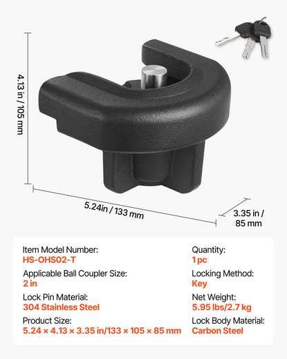 Trailer Hitch Lock, Compatible with 50.8 mm Couplers, Heavy-Duty Anti-Theft Trailer Ball Lock with 3 Keys, Prying-Resistant & Impact-Resistant, Fits for RVs, Boats, Off-Road Vehicles, Trailers