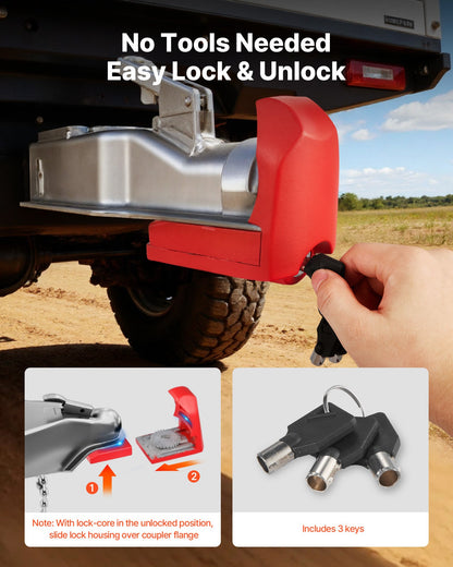 Trailer Hitch Lock, Fits for 46 mm, 50.8 mm, 58.7 mm Couplers, Heavy-Duty Anti-Theft Trailer Ball Lock with 3 Keys, Prying-Resistant & Impact-Resistant, Fits for RVs, Boats, Trailers, Red