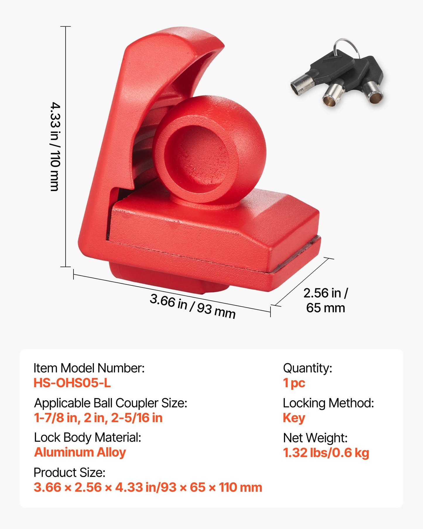 Trailer Hitch Lock, Fits for 46 mm, 50.8 mm, 58.7 mm Couplers, Heavy-Duty Anti-Theft Trailer Ball Lock with 3 Keys, Prying-Resistant & Impact-Resistant, Fits for RVs, Boats, Trailers, Red