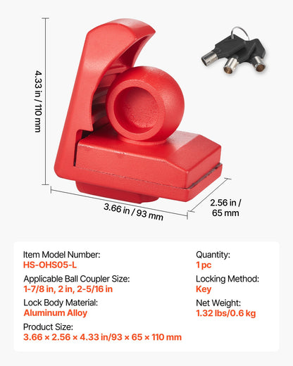 Trailer Hitch Lock, Fits for 46 mm, 50.8 mm, 58.7 mm Couplers, Heavy-Duty Anti-Theft Trailer Ball Lock with 3 Keys, Prying-Resistant & Impact-Resistant, Fits for RVs, Boats, Trailers, Red