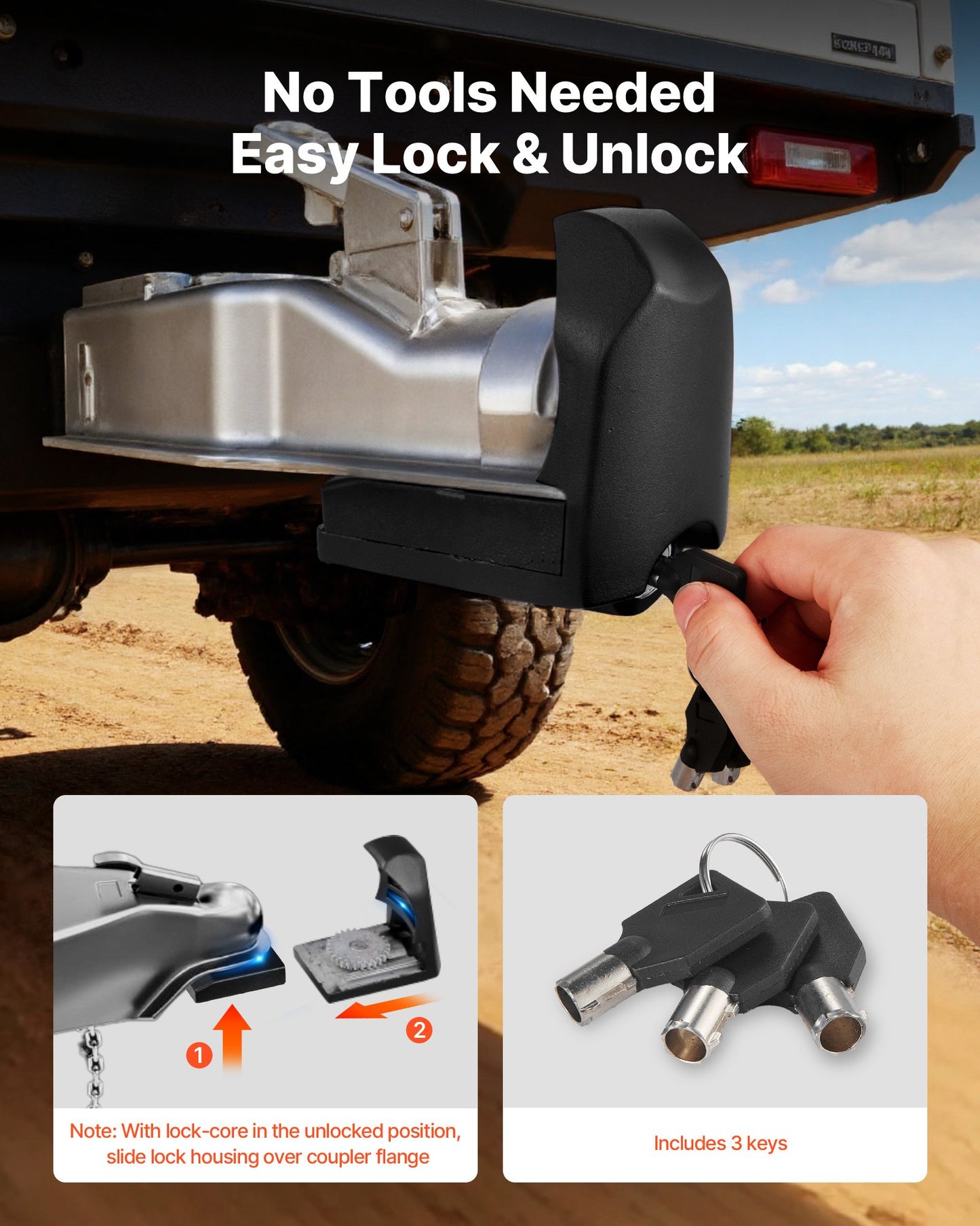 Trailer Hitch Lock, Fits for 46 mm, 50.8 mm, 58.7 mm Couplers, Heavy-Duty Anti-Theft Trailer Ball Lock with 3 Keys, Prying-Resistant & Impact-Resistant, Fits for RVs, Boats, Trailers, Black