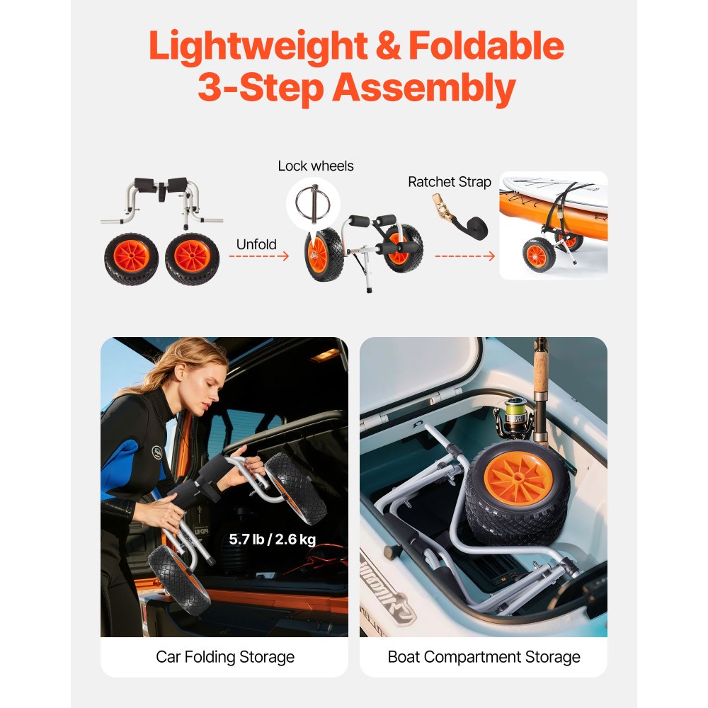 Kayak Cart 90 kg Foldable Canoe Carrier with 25.4 mm Solid Rubber Tires