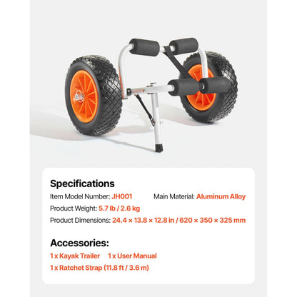 Kayak Cart 90 kg Foldable Canoe Carrier with 25.4 mm Solid Rubber Tires