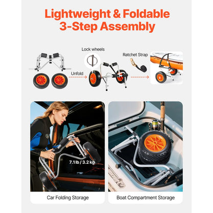 Kayak Cart 113.4 kg Foldable Canoe Carrier with 25.4 cm Solid Rubber Tires