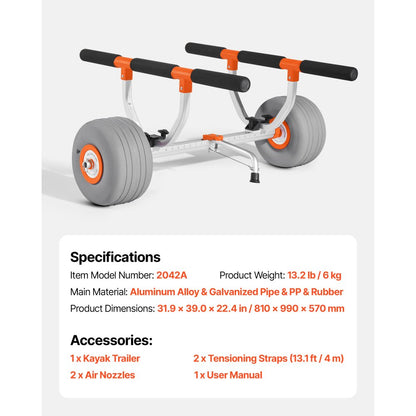 Kayak Cart 158.8 kg Detachable Canoe Carrier w/ 30.5cm Inflatable PU Tires