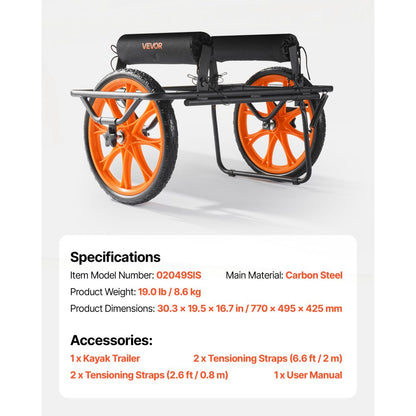 Kayak Cart 149.7 kg Detachable Canoe Carrier w/ 38.1 cm Solid Rubber Tires