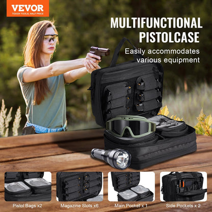 Tactical Range Bag for 2 Pistols with Built-in Gun Pockets, Black, 600D Polyester