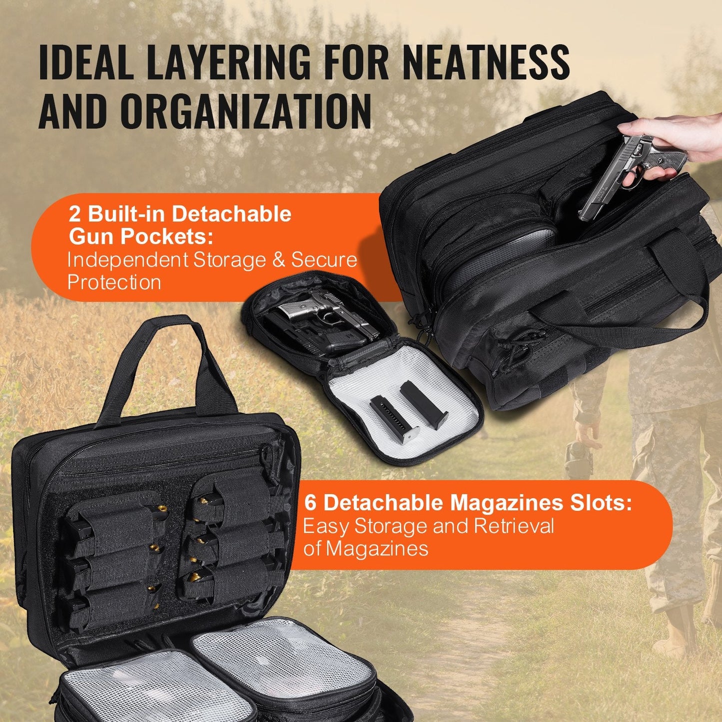 Tactical Range Bag for 2 Pistols with Built-in Gun Pockets, Black, 600D Polyester