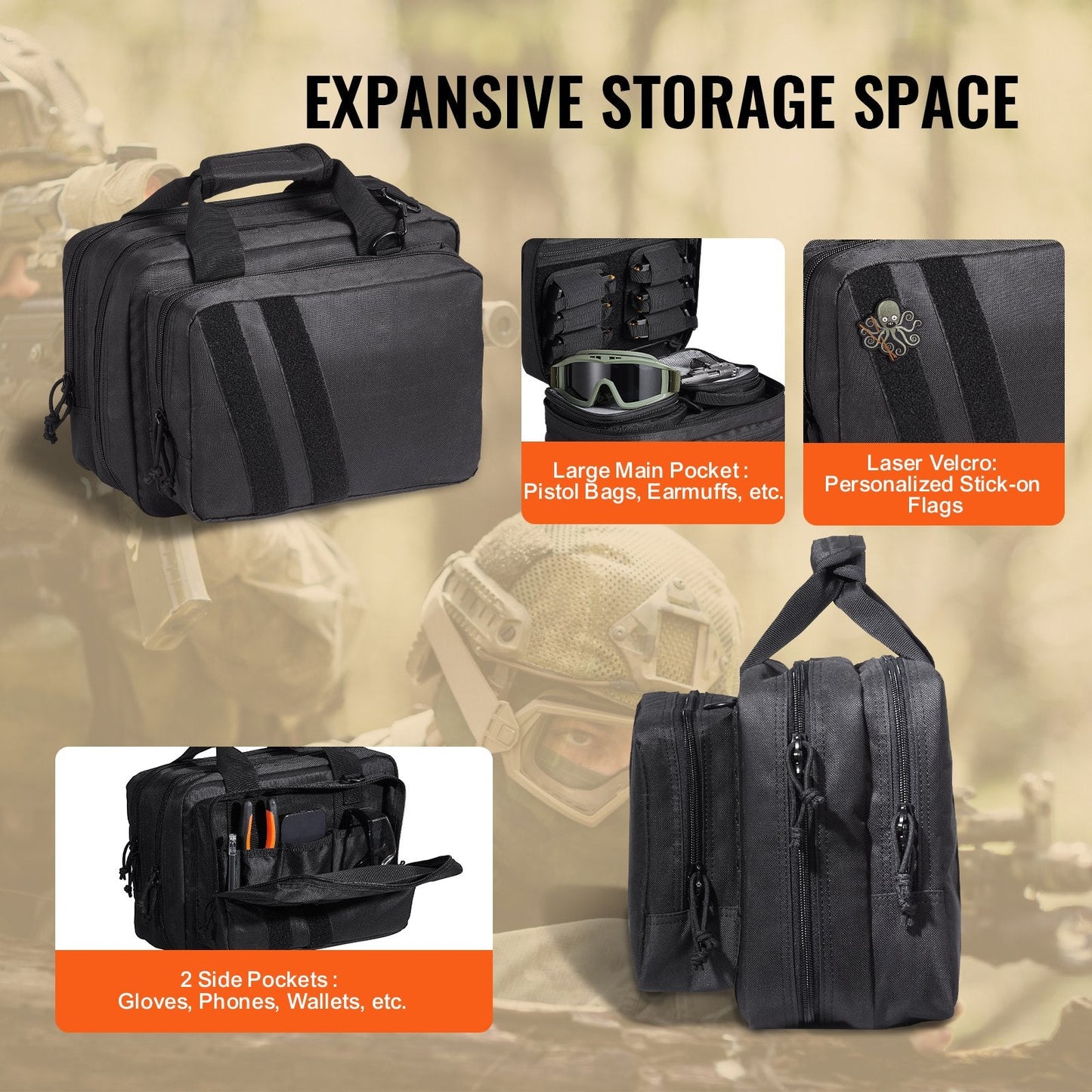 Tactical Range Bag for 2 Pistols with Built-in Gun Pockets, Black, 600D Polyester