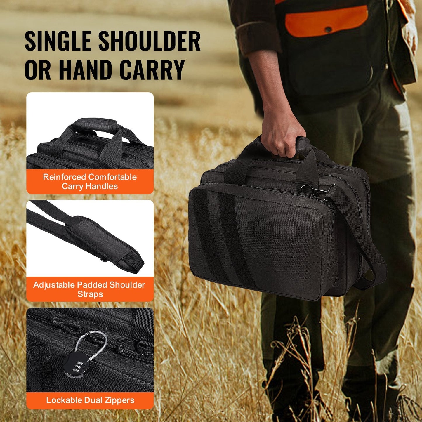 Tactical Range Bag for 2 Pistols with Built-in Gun Pockets, Black, 600D Polyester