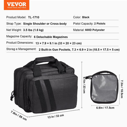 Tactical Range Bag for 2 Pistols with Built-in Gun Pockets, Black, 600D Polyester