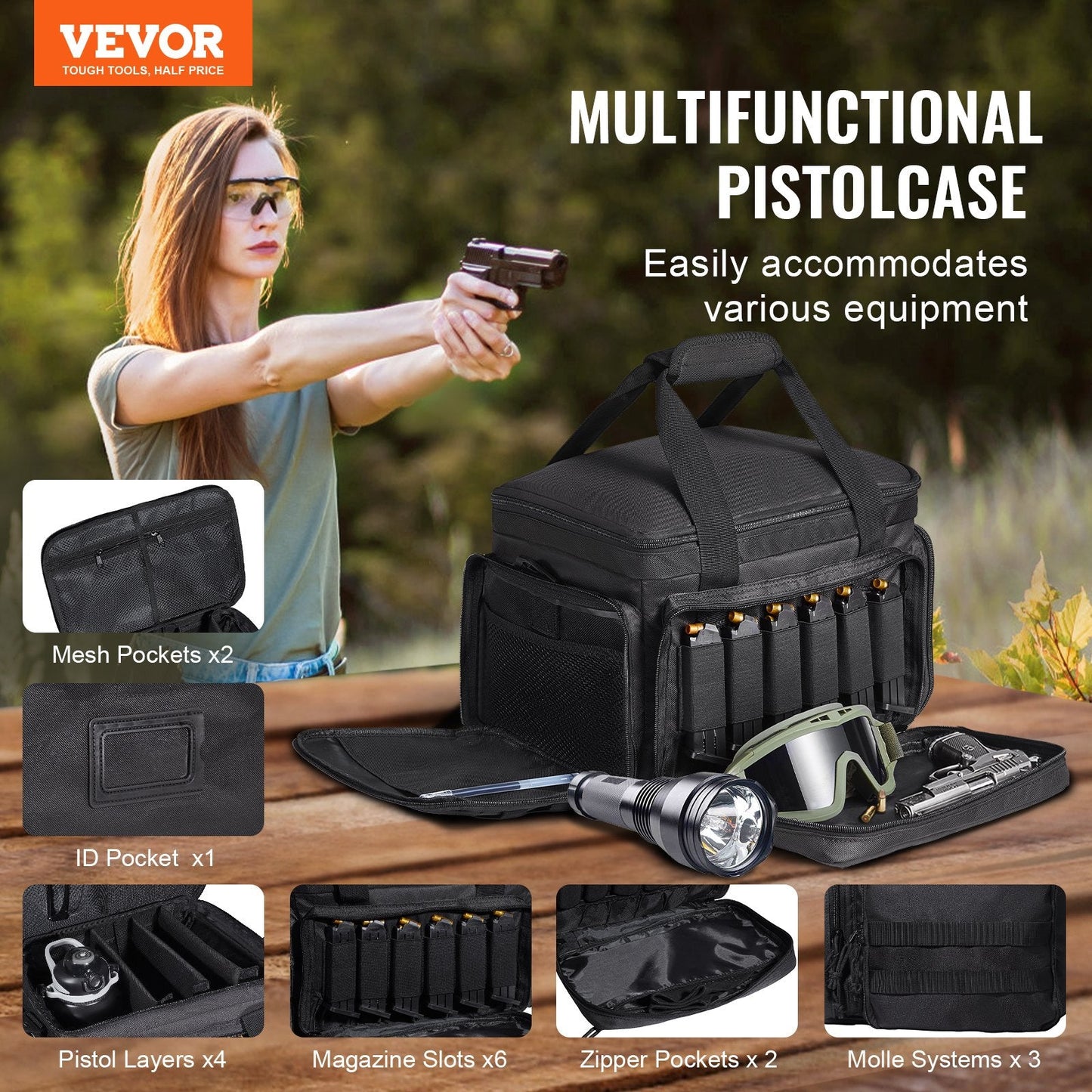 Soft Handgun Bag for 4 Pistols with Magazine Storage, Black, 37 × 26 × 23 cm