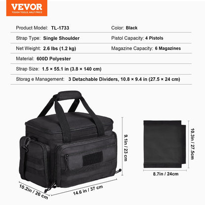 Soft Handgun Bag for 4 Pistols with Magazine Storage, Black, 37 × 26 × 23 cm