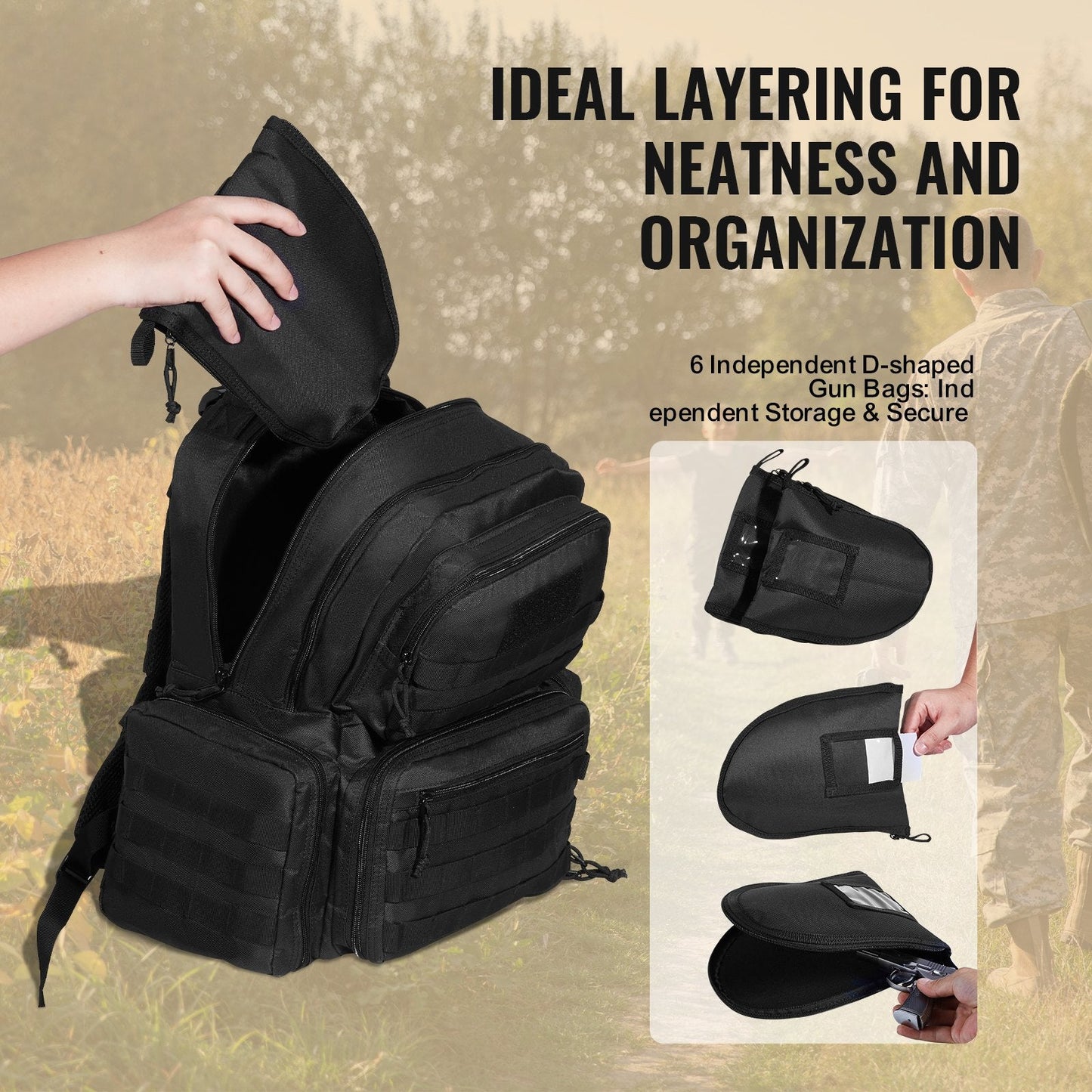 Tactical Range Backpack for 6 Pistols, Dual Shoulder, Black, 2.1 kg
