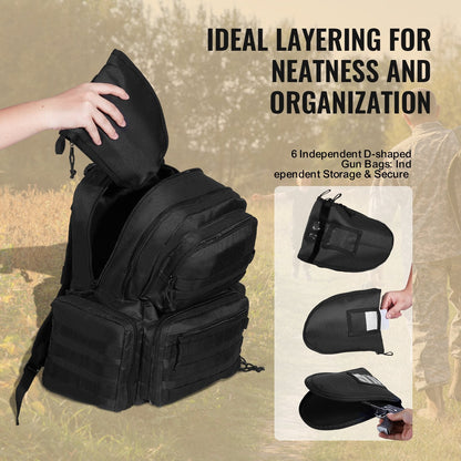 Tactical Range Backpack for 6 Pistols, Dual Shoulder, Black, 2.1 kg