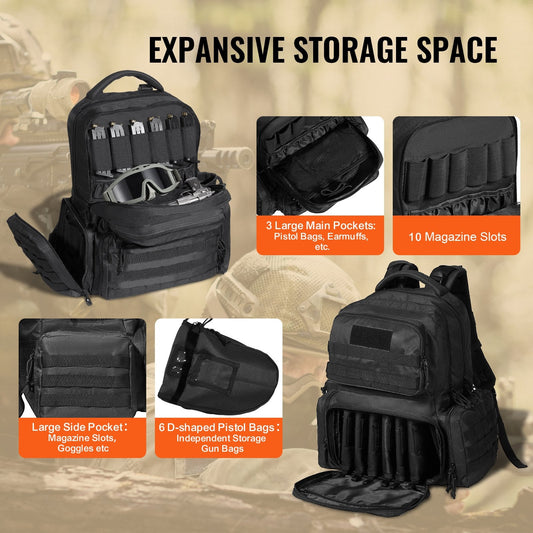 Tactical Range Backpack for 6 Pistols, Dual Shoulder, Black, 2.1 kg