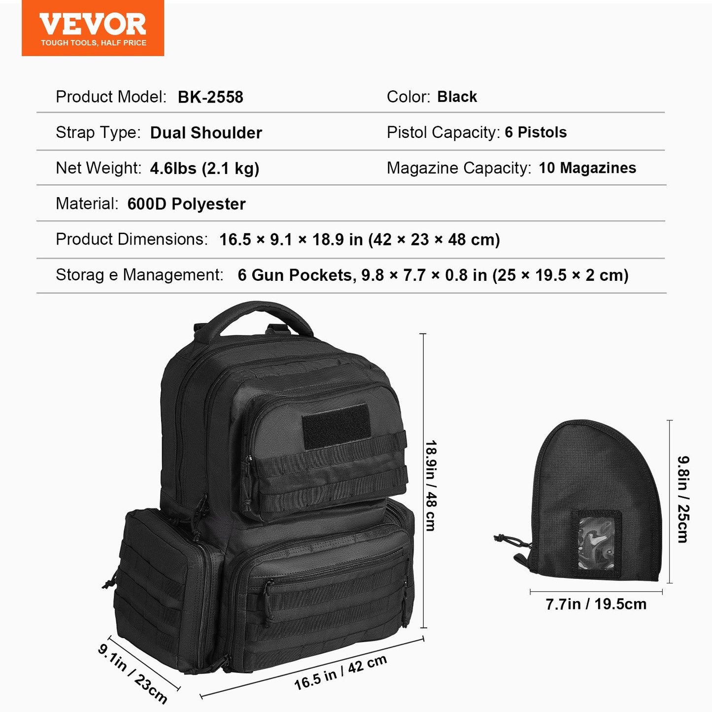 Tactical Range Backpack for 6 Pistols, Dual Shoulder, Black, 2.1 kg
