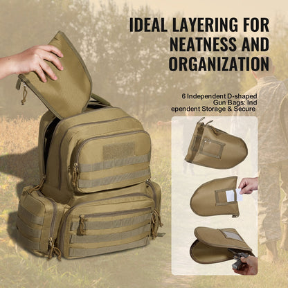 Tactical Brown Backpack for 6 Pistols with Ample Storage and Dual Shoulder Straps